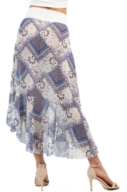 Blue Printed Asymmetric Tango Wrap Skirt With Ruffles corduroy skirt comfortable