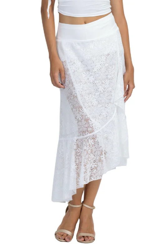 White Lace Asymmetric Wrap Skirt With Ruffles cotton skirt soft