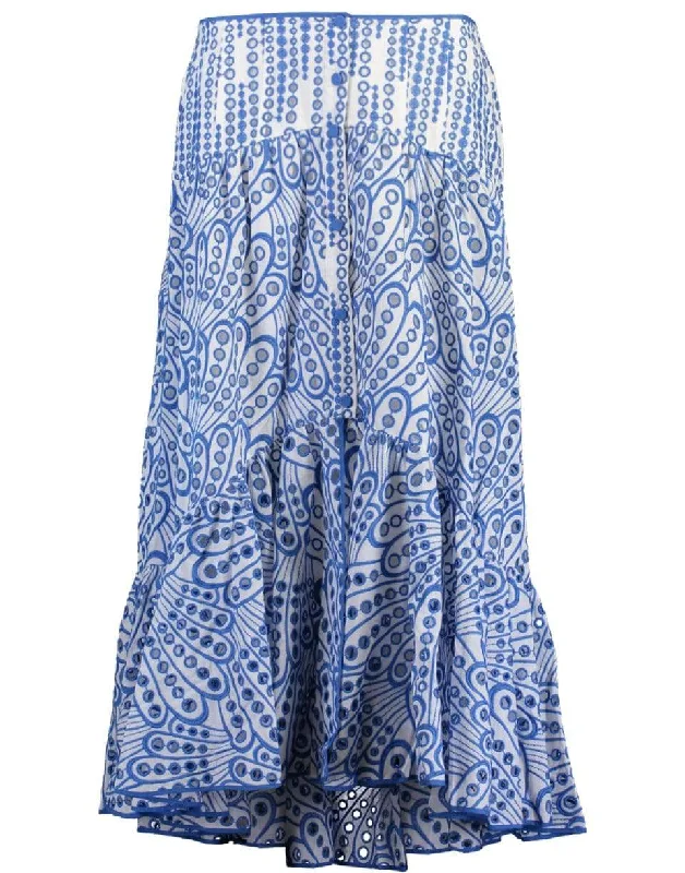 Gina Long Eyelet Skirt - Indigo tiered skirt playful