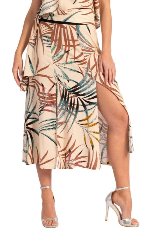 Beige Waist Knot Beige Tropical Print Midi Skirt With Slits velvet skirt luxury