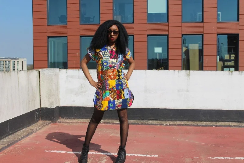 African Patchwork Dress, Shift Dress in Black Ankara Print - Festival Dress Off-the-shoulder Chic Trendy