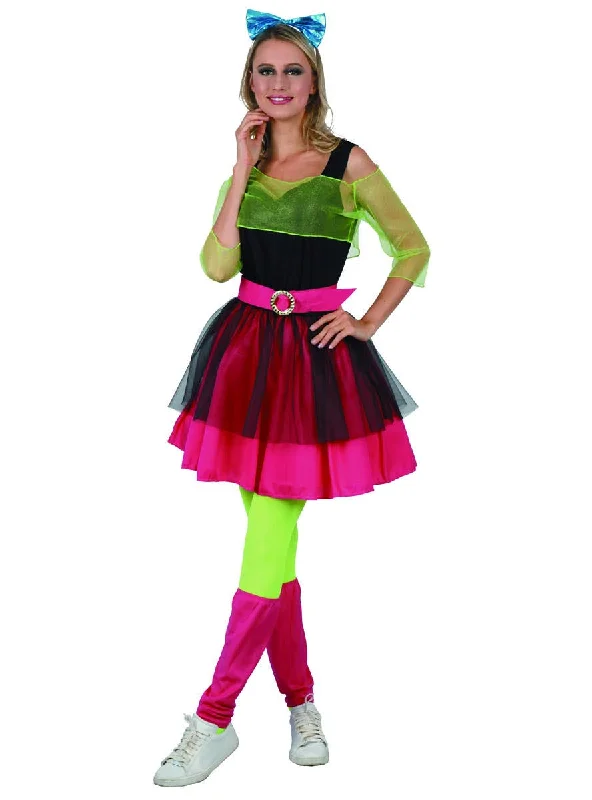 Neon 80s Party Girl Womens Fancy Dress Costume A-Line Day Work