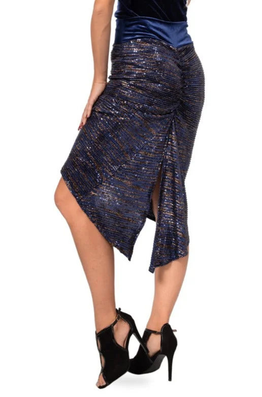 Dark Blue Paillette Fishtail Skirt With Velvet Waistband chiffon skirt flowing