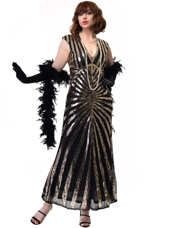 1930s Hollywood Black and Gold Sequinned Womens Costume Dress Tunics Short Trendy