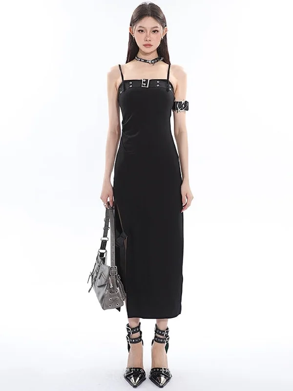 Azelia Solid Color Black Chest Belt Strap Spaghetti Straps Square Neck Bandeau Side Slit Long Summer Dress Tunics Stylish elegant