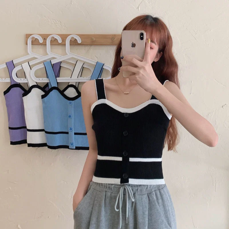 Fashion Summer Halter Off Shoulder Knitted Korean Sport Tank Crop Ribber Y2k Ropa De Mujer Croptop Cami Button Patchwork Ins Top v-neck tank top