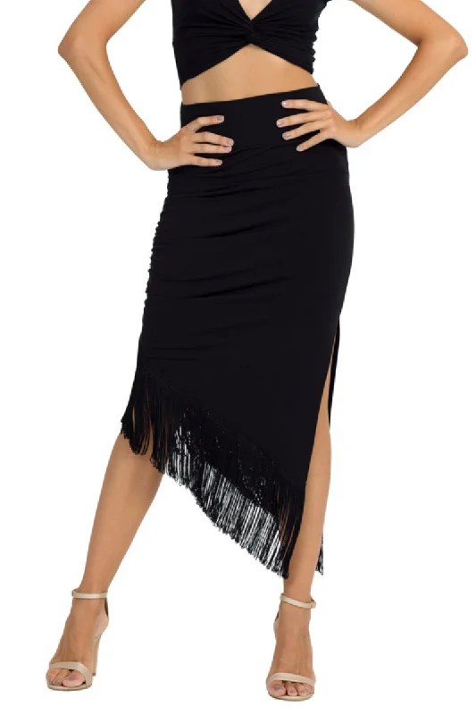 Midi Asymmetric Tango Skirt With Fringe high waist skirt