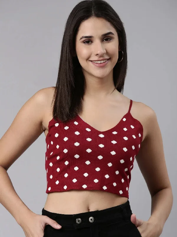 Shoulder Straps Printed Sleeveless Maroon Crop Tank Top-TD-70098-Maroon bronze tank top