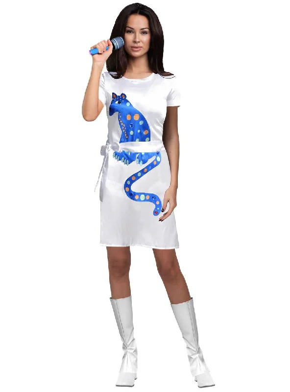 ABBA Womens White Costume Dress with Blue Cat Tunics Seasonal trendy