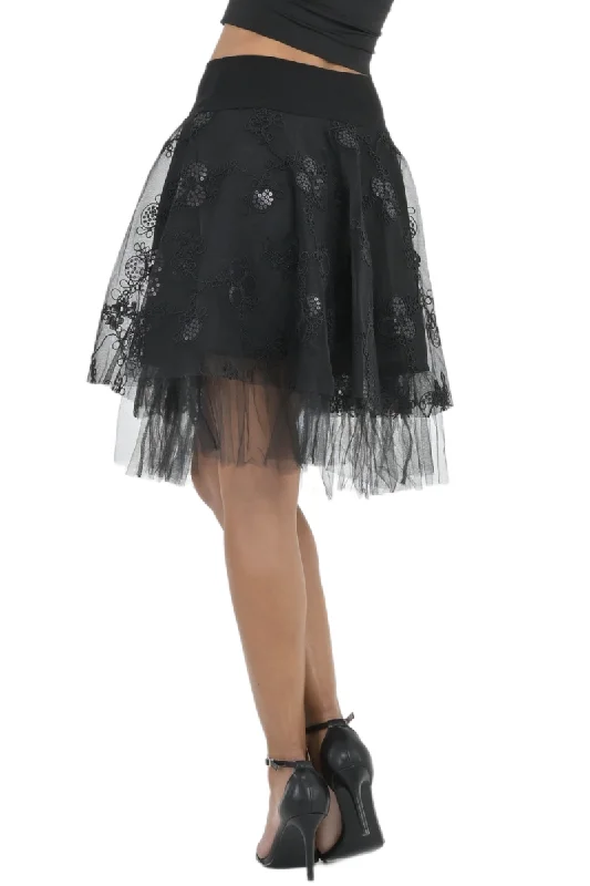 Black Embroidered Tulle Above-Knee Skirt silk skirt lustrous