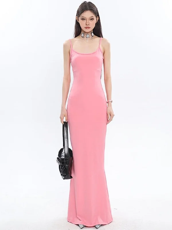 King Solid Color Spaghetti Strap Slim Fishtail Long Dress Square Neckline Feminine