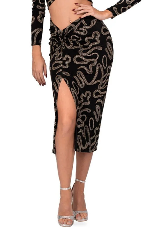 Black Twist Knot Bodycon Midi Skirt With Sparkling Gold Details corduroy skirt textured