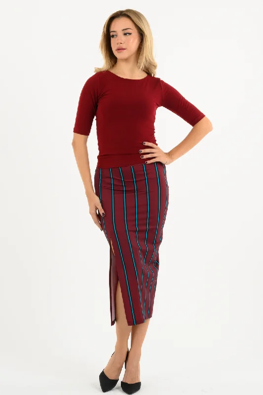 Burgundy Striped Pencil Skirt linen skirt relaxed