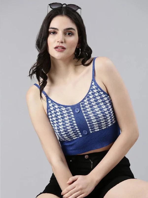 Shoulder Straps Self Design Sleeveless Navy Blue Crop Tank Top-TD-37621-Navyblue gold tank top