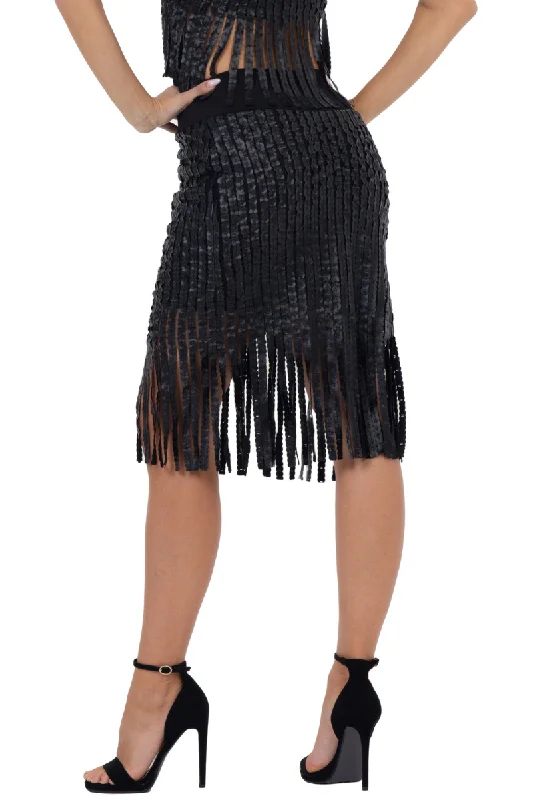 Fringed Faux Leather Striped Bodycon Skirt denim skirt casual