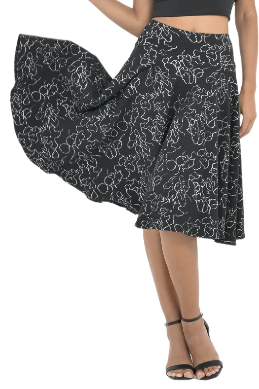 Black Abstract Line Print Full Swing Skirt chiffon skirt airy