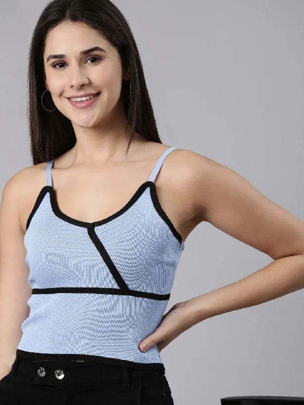 Shoulder Straps Solid Sleeveless Blue Crop Tank Top-TD-1756-1-Blue slim fit tank