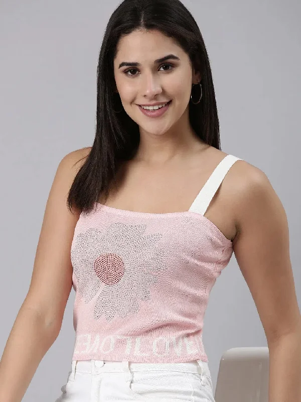 Shoulder Straps Embellished Sleeveless Pink Crop Tank Top-GF-0752-Pink breathable tank top