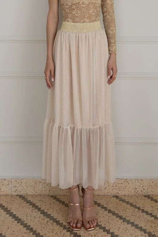 Beige Pleated Tulle Maxi Prairie Skirt high slit skirt