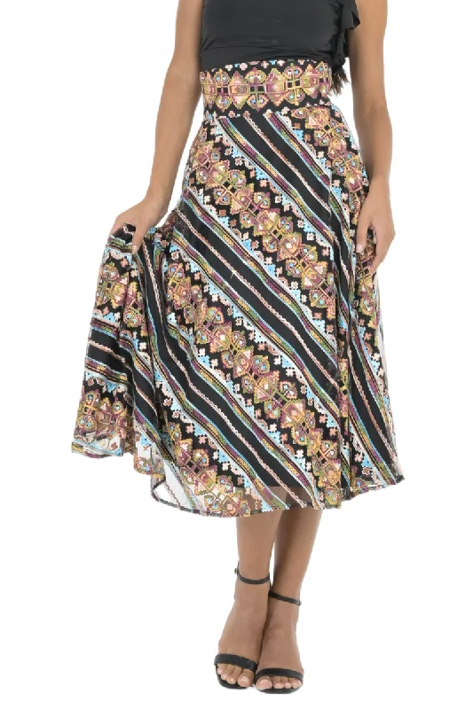 Ethnic Stitch Print A-Line Midi Skirt corduroy skirt cozy