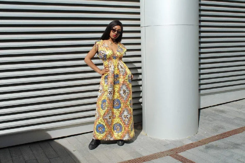 African Dress in Gold Ankara Print - Festival Dress empire Waist empire