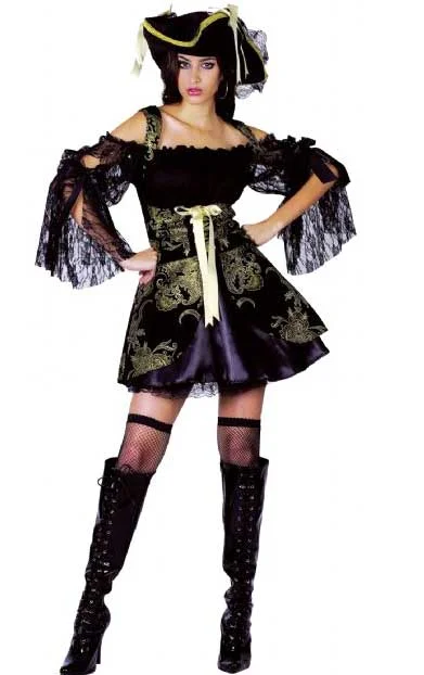 Pirate Wench Womens Black and Gold Fancy Dress Costume Tunics Canvas sturdy