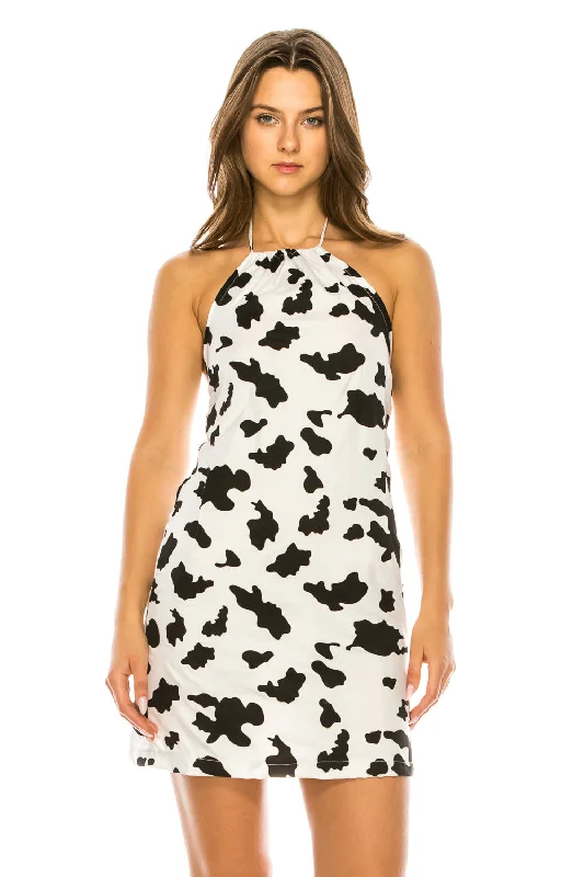 COW PRINT HALTER DRESS Cowl Neckline Elegant