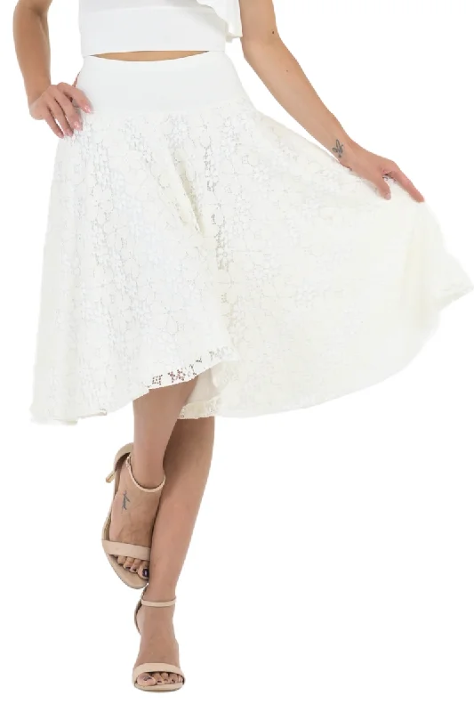 White Floral Lace Full Swing Midi Skirt denim skirt classic