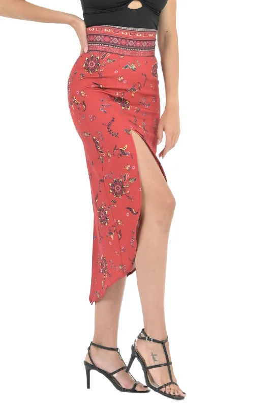 Red Ethnic Print Tango Skirt With Curved Front Slit satin skirt smooth