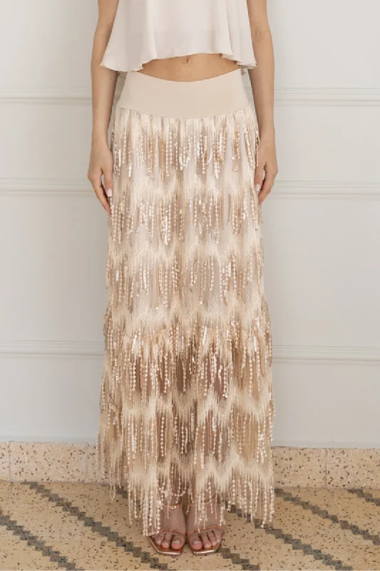 Golden Beige Sparkling Fringe Boho Maxi Skirt belted skirt waist