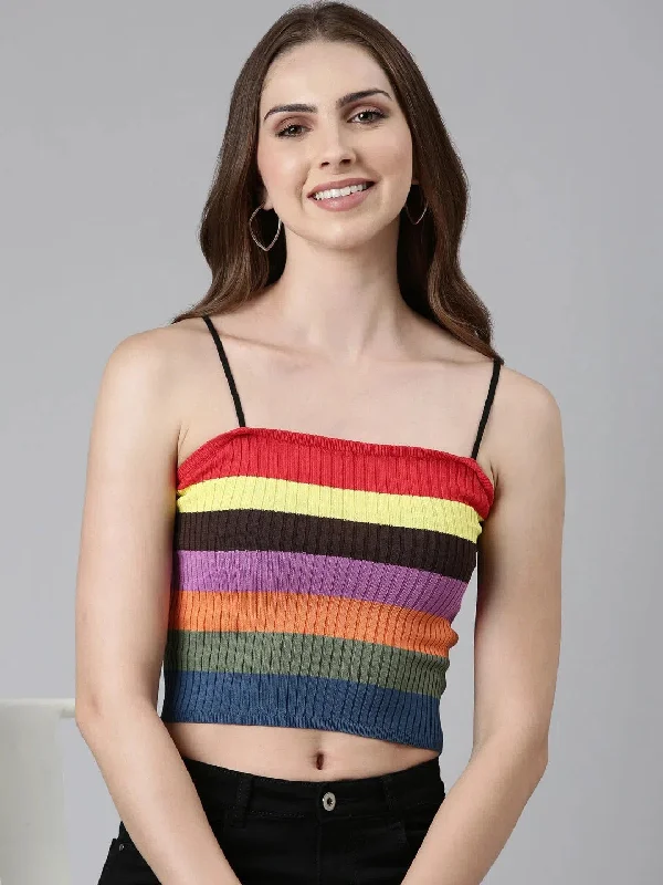 Shoulder Straps Colourblocked Sleeveless Multi Crop Tank Top-JD-9371-Multi ribbed tank top