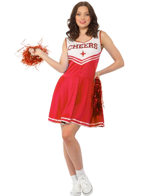 Cheering Red Cheerleader Womens Fancy Dress Costume Crew Neckline Sporty