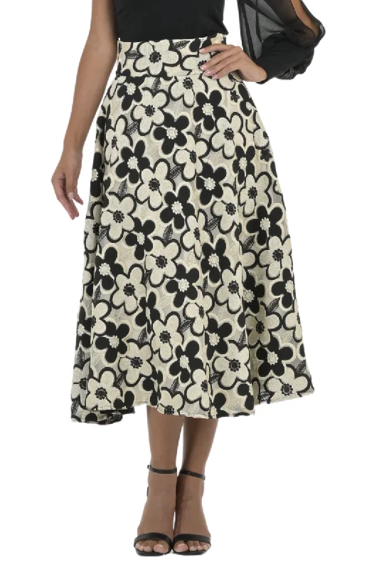 Black And Gold Floral Tulle A-Line Midi Skirt velvet skirt plush