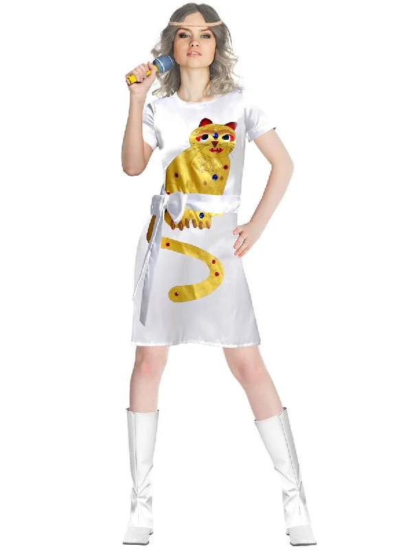 ABBA Womens White Costume Dress with Gold Cat Tunics Winter warm