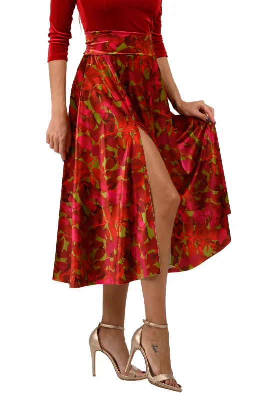 Leaf Print Velvet Flowing Skirt With Slit corduroy skirt textured