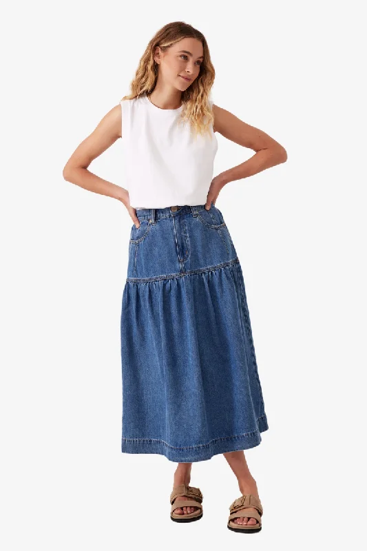 Ceres Life - Drop Waist Denim Midi Skirt - Fresh Indigo lace skirt feminine