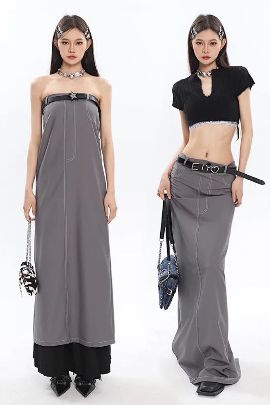 Fiona Solid Color 2 in 1 Long A line Skirt Sleeveless Long Dress Crew Neckline Sporty