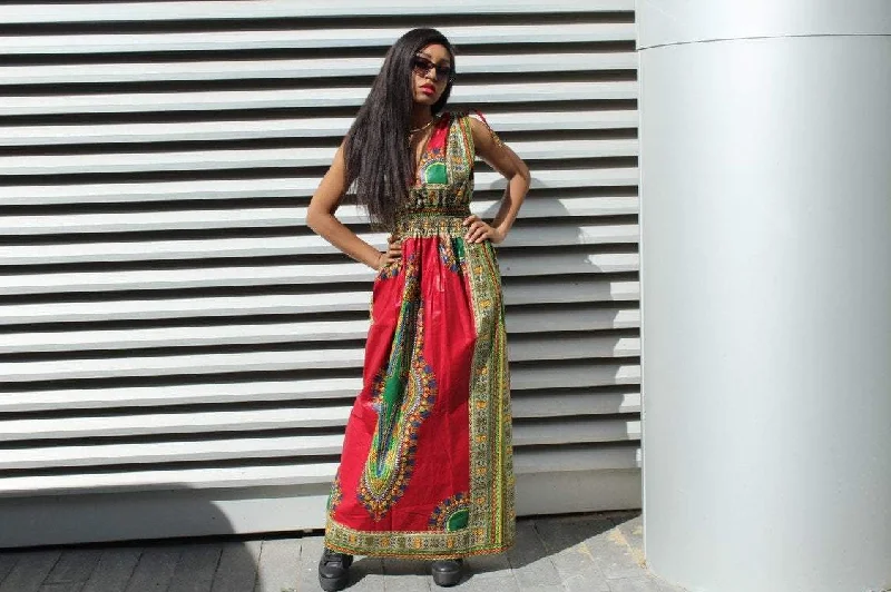 African Dress in Red Dashiki Print - Festival Dress Shift Classic Vintage