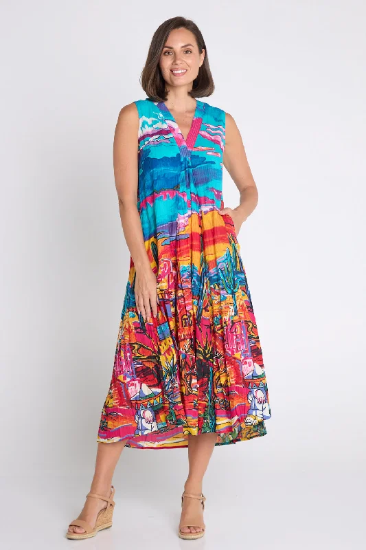 Ocampo Sleeveless V Neck Dress - Cactus Print Tunics Summer linen