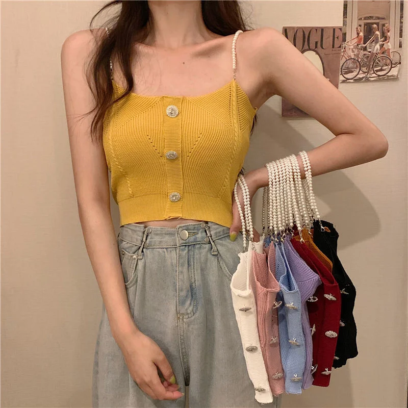 Knitted Ropa De Mujer Tank Solid Cami Y2k Crop Sexy Korean Women Fashion Halter Sleeveless Croptop Button White High Street Top summer tank top