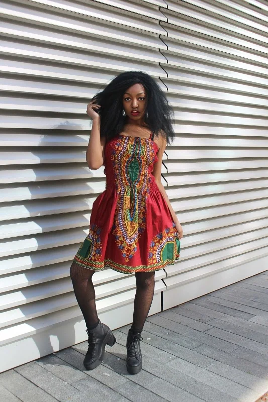 African Dress in Red Dashiki Print - Festival Dress Tunics Custom made