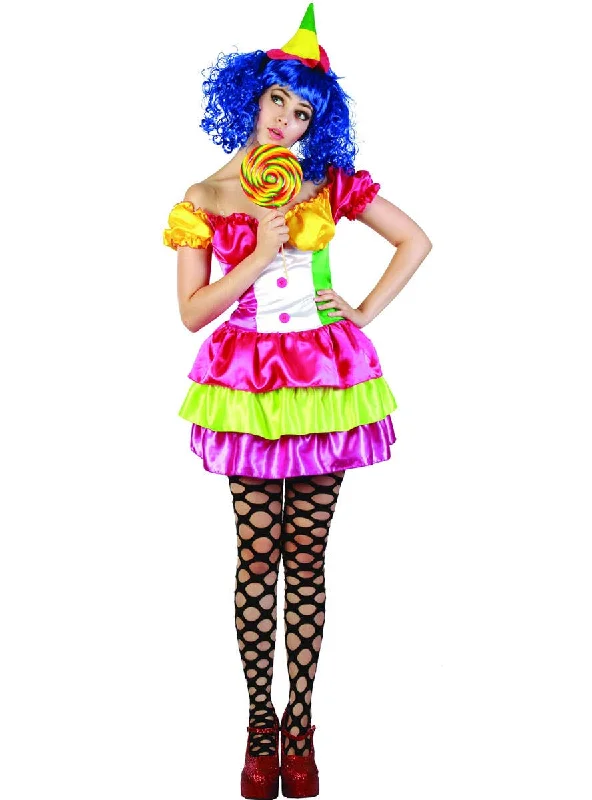 Colourful Candy Clown Womens Fancy Dress Costume Tunics Satin smooth