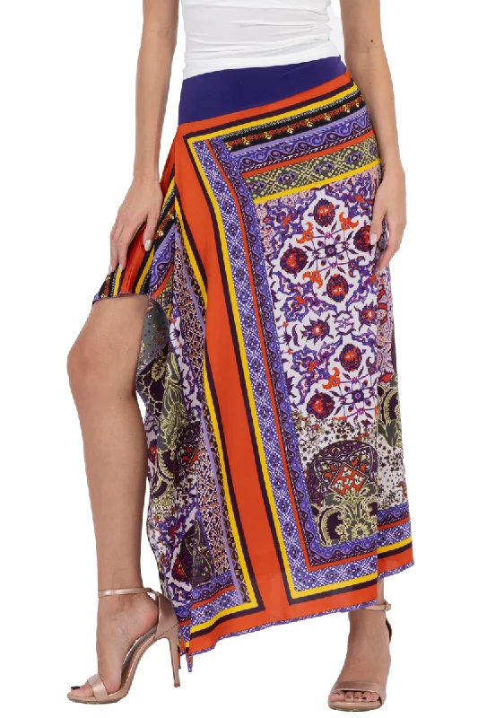 Multicolor Tile Print Satin Tango Skirt with Ruffled Slit lace skirt elegant