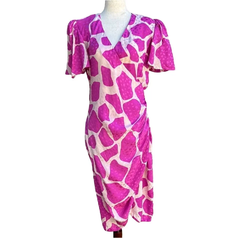 Flora Kung Vintage Silk Pink Abstract Print Side Ruched Dress With Puff Sleeves Tunics Business professional