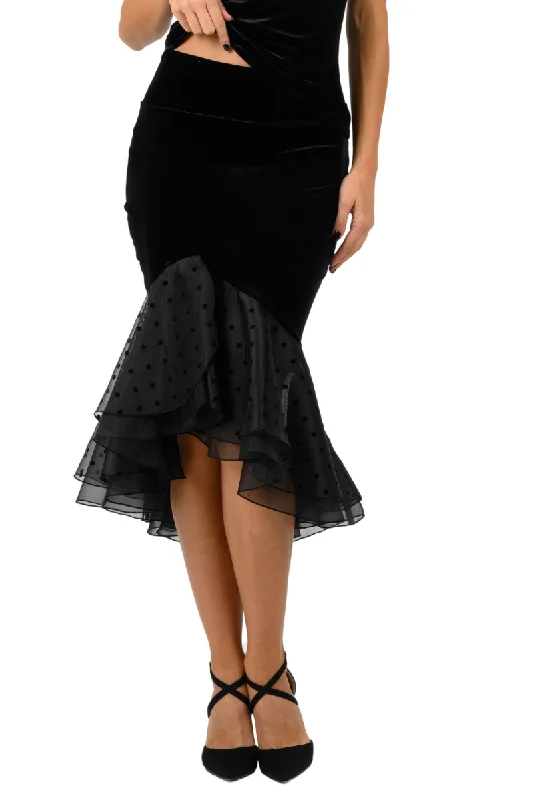 Velvet Skirt With Black Polka Dot Organza Ruffles cashmere skirt soft