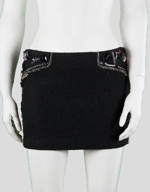 La Rox Black Mini Skirt With Silver Tone Chain Pearl And Jewel Design Throughout X-Small casual skirt length