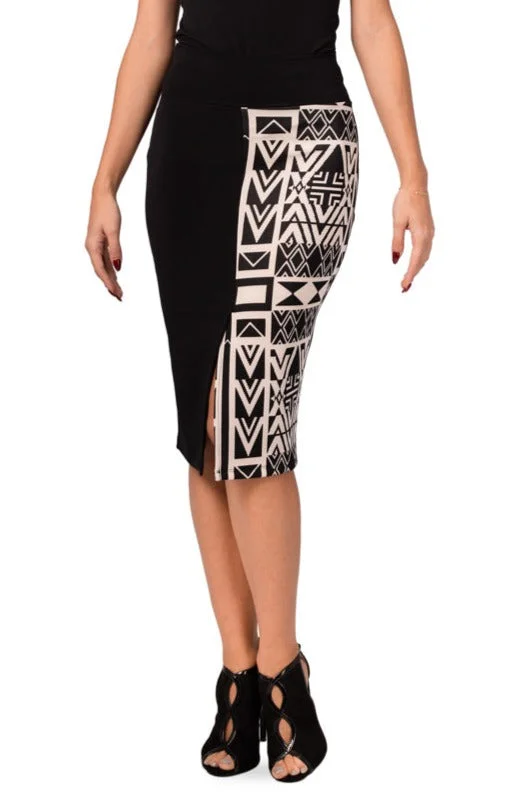 Black Pencil Skirt With Black And Beige Inca Pattern wool skirt sturdy