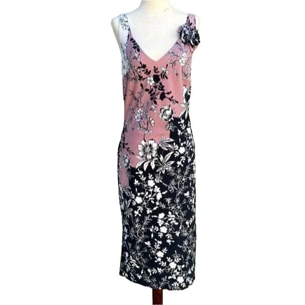 Newport News Sleeveless Floral V Neck Lined Lightweight Pink Black Women's Dress Tunics Office stylish