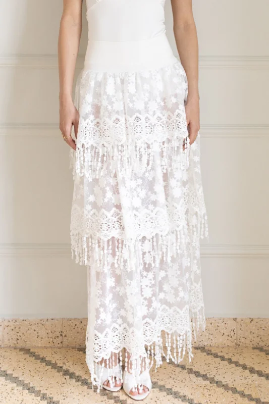 White Lace Fringe Maxi Skirt zip skirt side