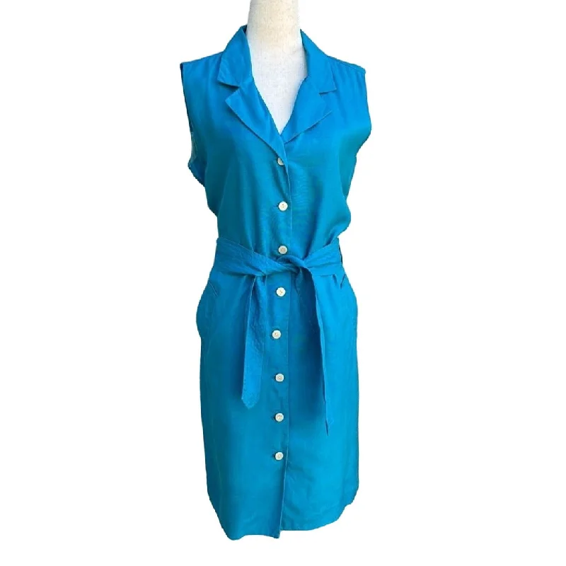 Jacqueline Ferrar Vintage Silk Linen Sleeveless Teal Button-Down Belted Dress 14 Tunics Travel practical